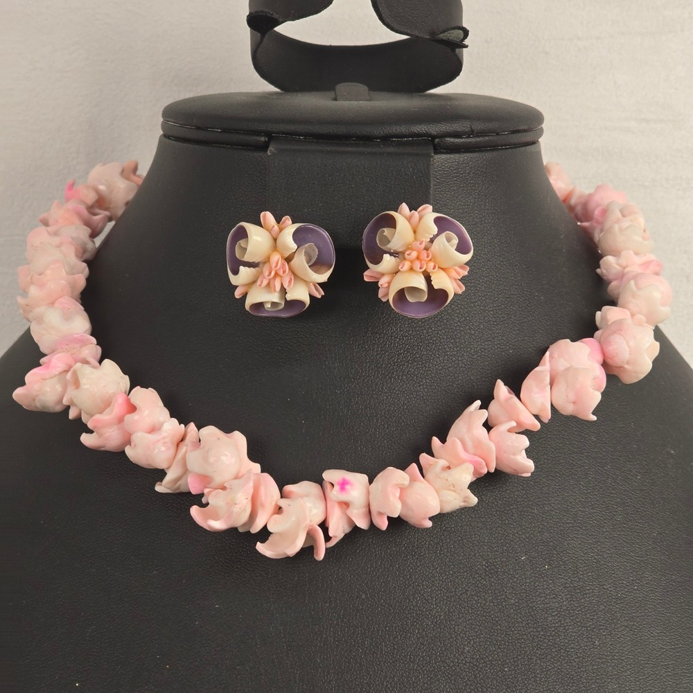 Vintage Pink Puka? Shell Choker Necklace & Purple Floral Screw Back Earrings